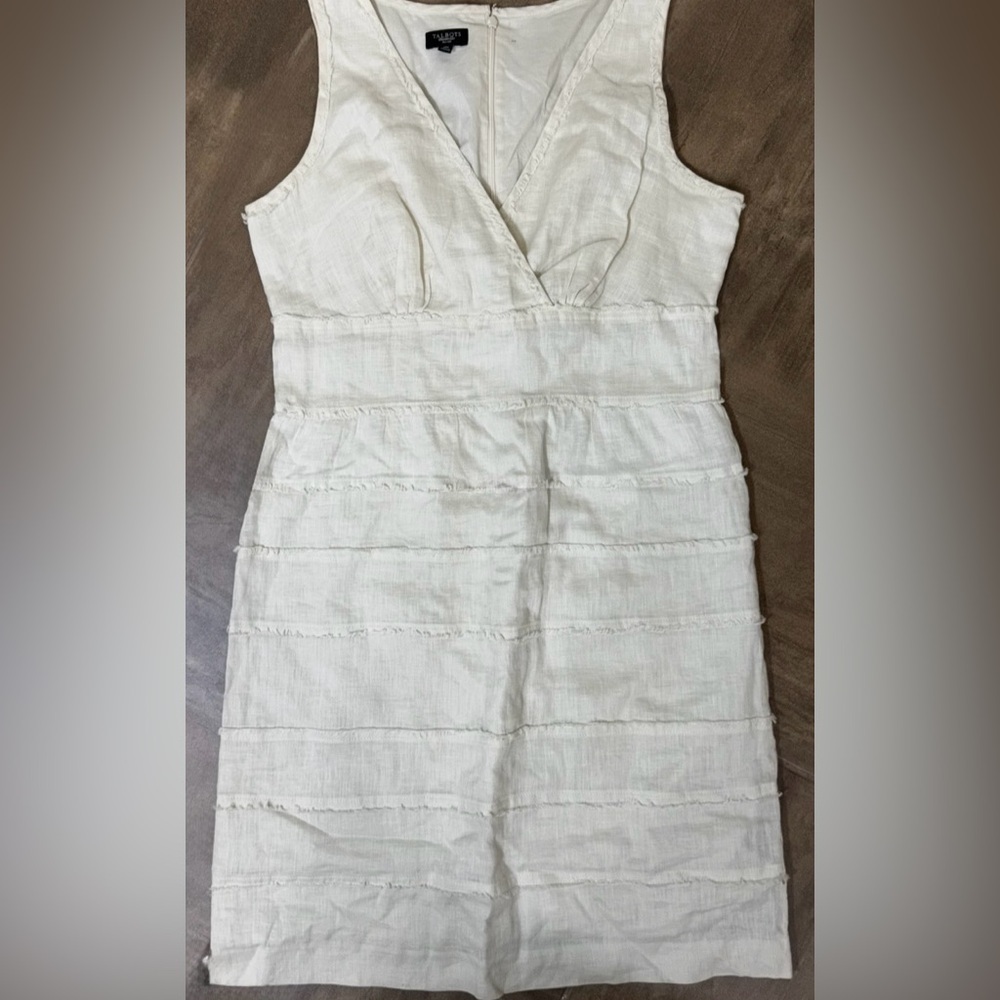 Talbots Petite Linen Shift Dress Cream Sleeveless Summer Frayed Trim 10P - Picture 2 of 8
